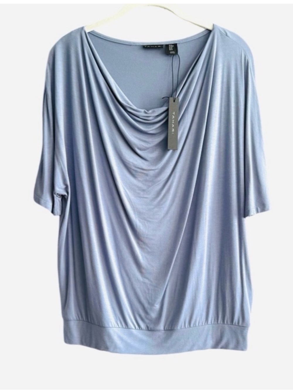 NEW Tahari Draped Neck Jersey Blouse Short Sleeve Relaxed Fit Banded Blue Size M